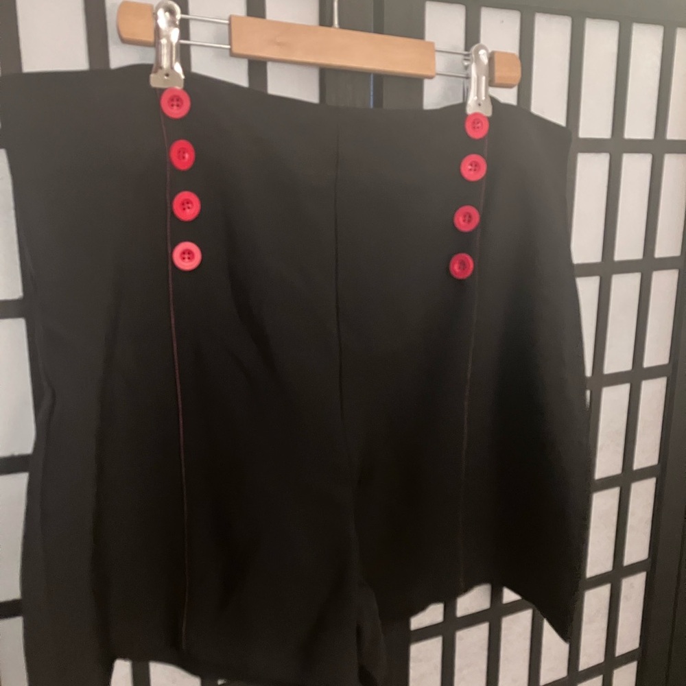 High Waist Black Shorts with Red Button Accents